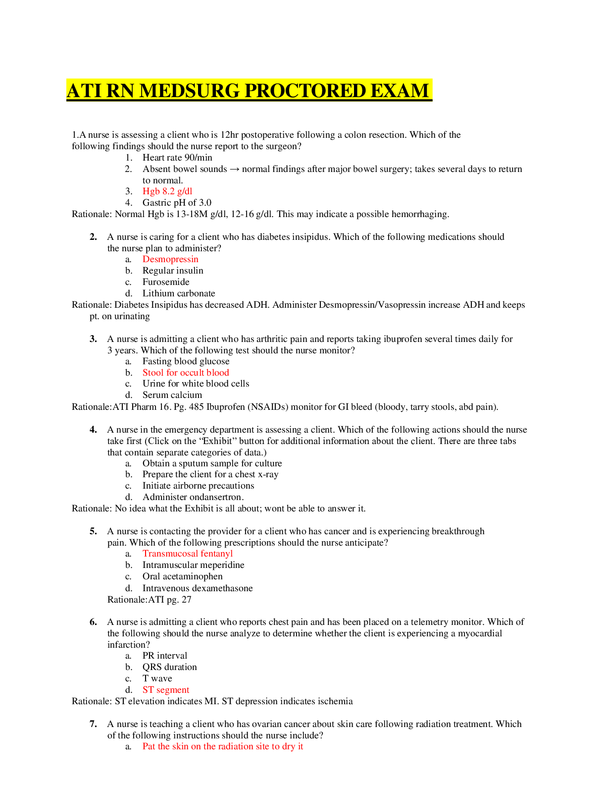 Preview image for ATI RN MED SURG PROCTORED EXAM QUESTIONS AND ANSWERS